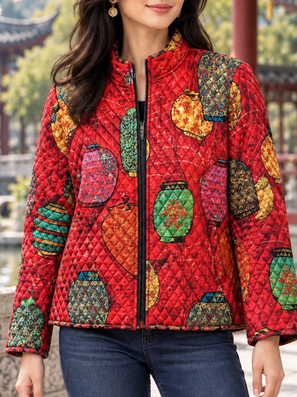 Chicos Silk Jacket Womens 3 US XL Red Quilted Chinese Lantern Asian Vintage